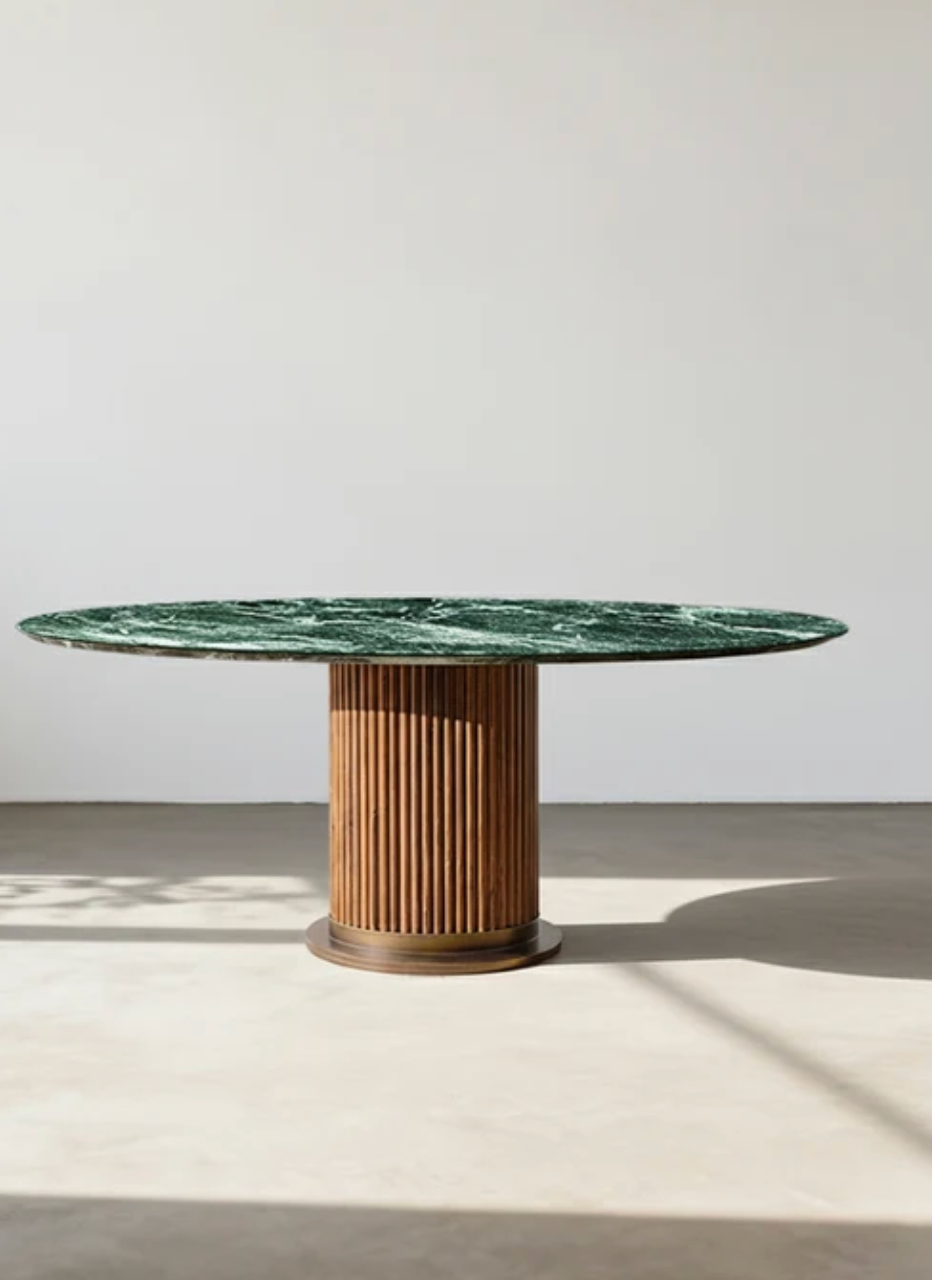 Round Green Marble Dining Table with Fluted Wood Pedestal